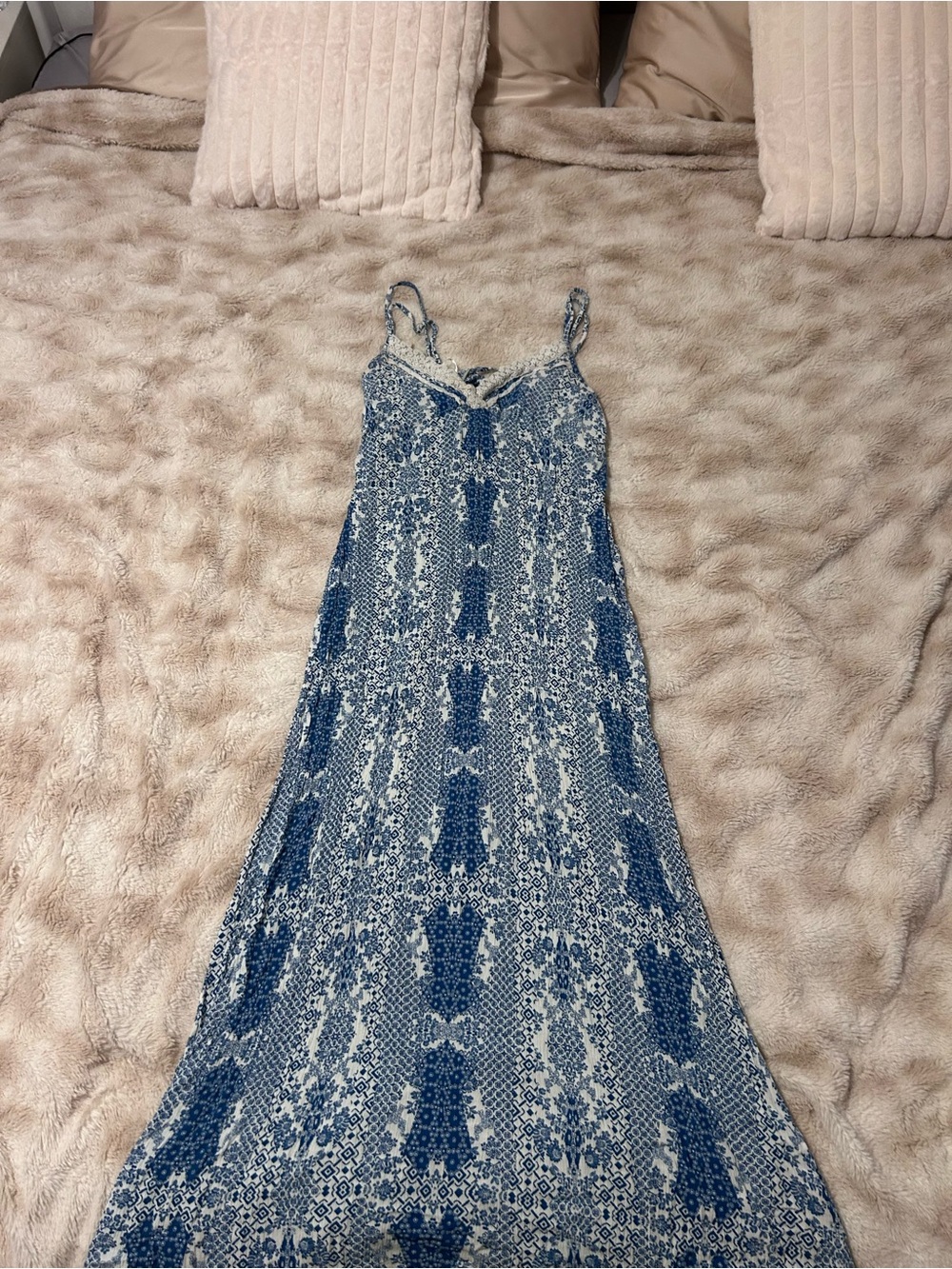 lovestitch Blue Printed Maxi Dress with Lace Accents